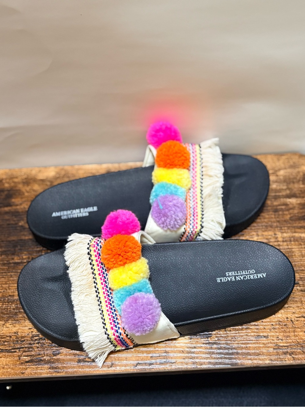 American Eagle Outfitters | Neon Pom Pom Boho Fringe Slides - Women's 8, Black